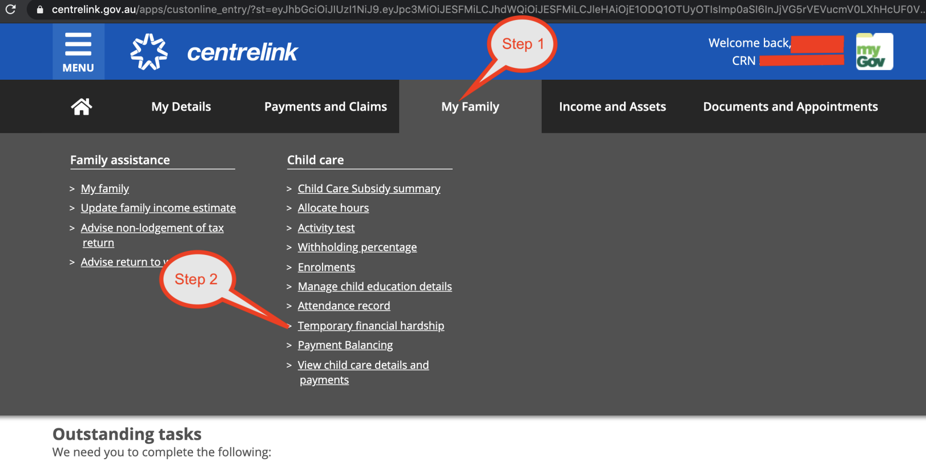 Screen shot from Centrelink online ACCS application